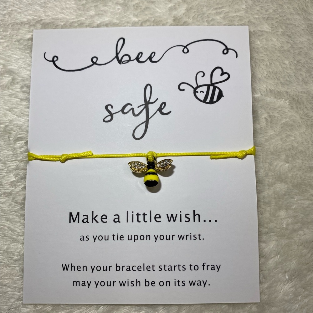 Bee Safe bracelet w/ make a wish card Unisex jewelry bee rhinestone charm